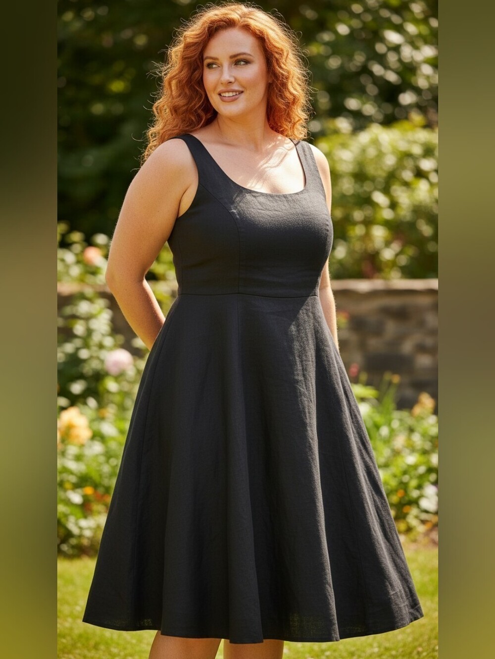 A NEW DAY Simple Elegant Black Linen Sleeveless Midi Dress
